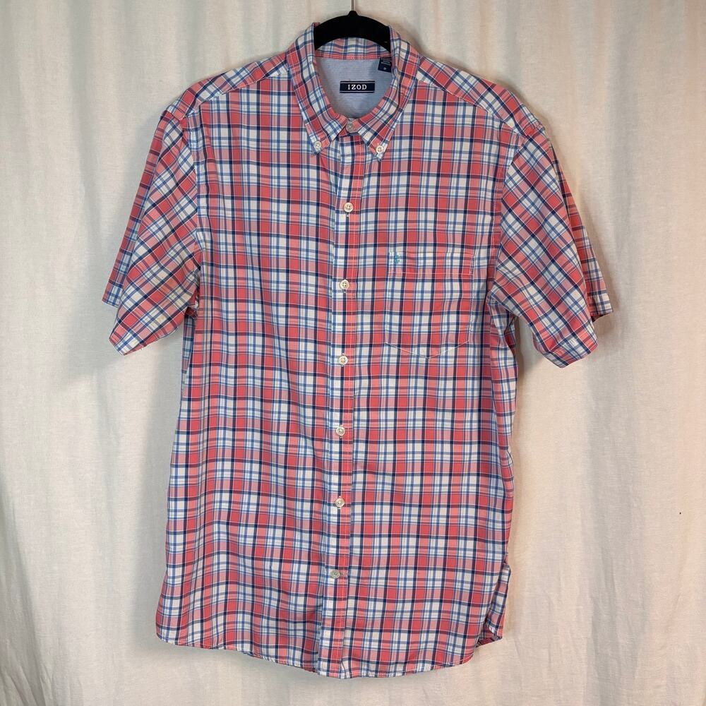 IZOD Plaid Button Down Shirt Medium Pink Blue Short Sleeve Casual Cotton